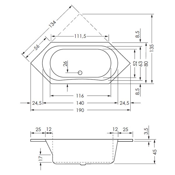 Repabad Alicante 190 N 190x80x45 Sechseck-Badewanne