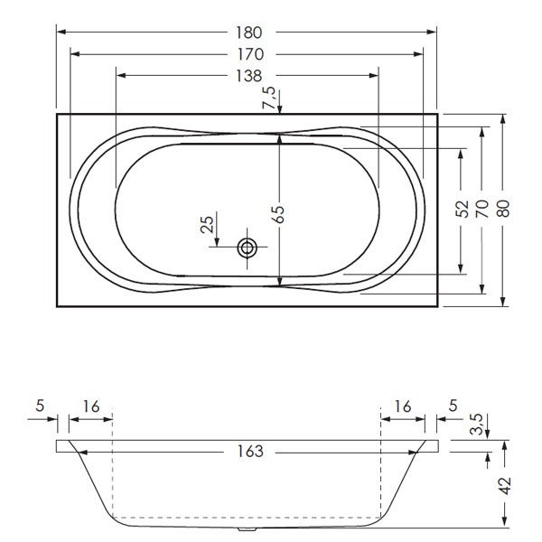Repabad Pluto 180 180x80x42 Duo Rechteck-Badewanne