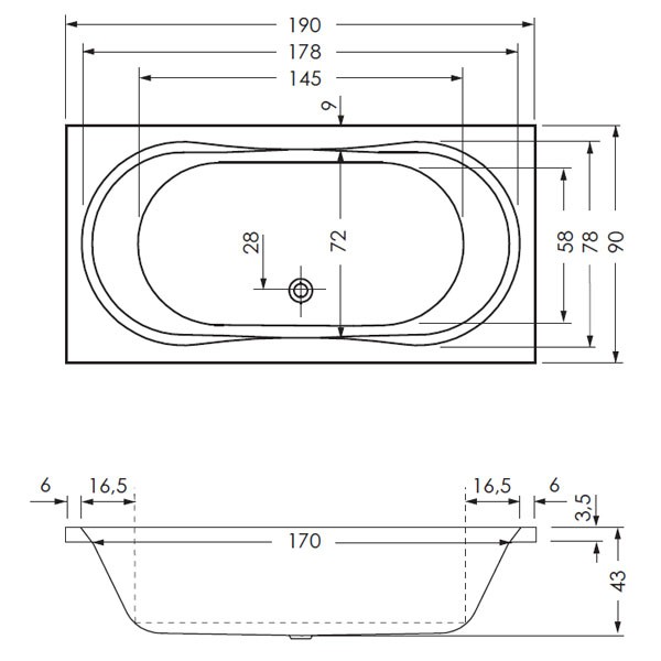 Repabad Pluto 190 190x90x43 Duo Rechteck-Badewanne