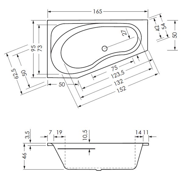 Repabad Tika 165 rechts 165x95/50x46 Raumspar-Badewanne