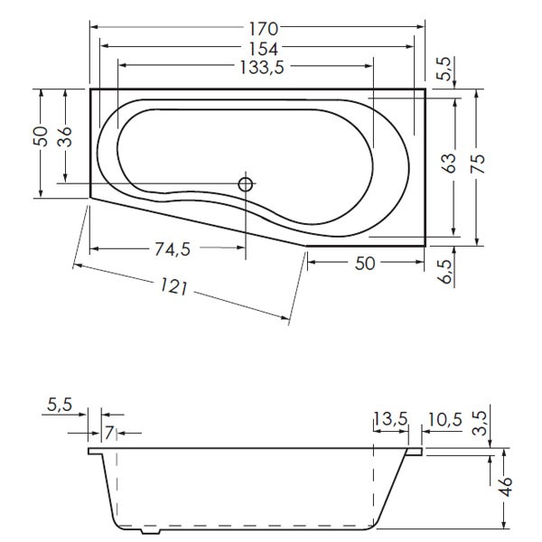 Repabad Tika 170 links 170x75/50x46 Raumspar-Badewanne 0015106