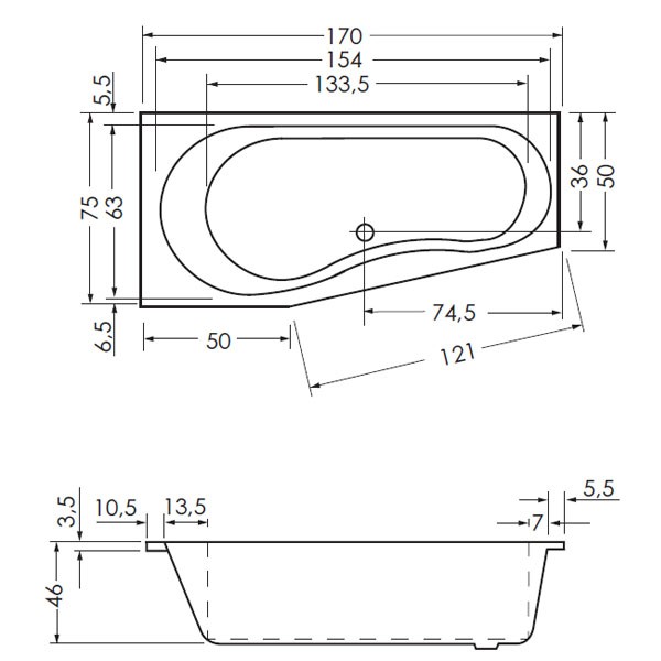 Repabad Tika 170 rechts 170x75/50x46 Raumspar-Badewanne