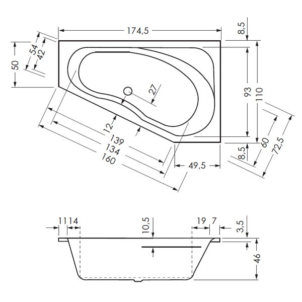 Repabad Tika 175 links 175x110/50x46 Raumspar-Badewanne