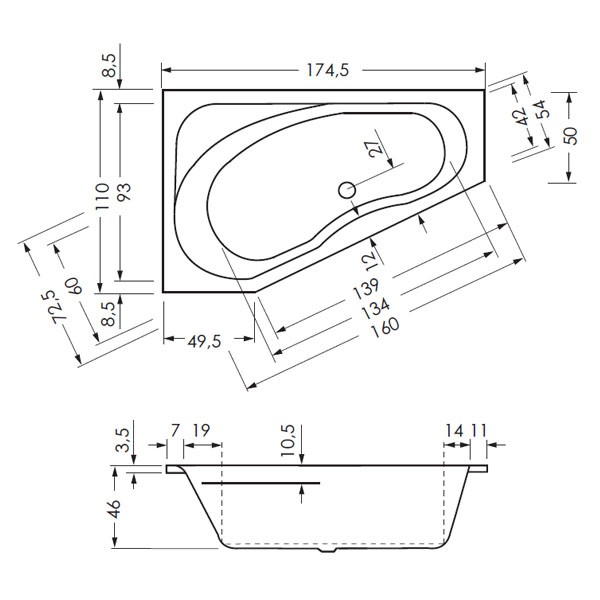Repabad Tika 175 rechts 175x110/50x46 Raumspar-Badewanne