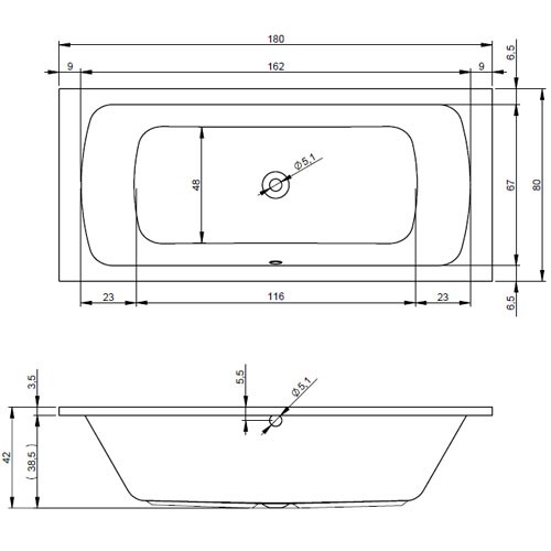 Riho Dola 180x80/weiß glänzend, Mittelablauf BB36005