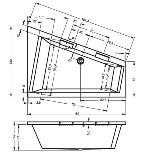 Riho Eck-Badewanne Doppio 180x130 cm L / weiß + Handgriffe BA91F05