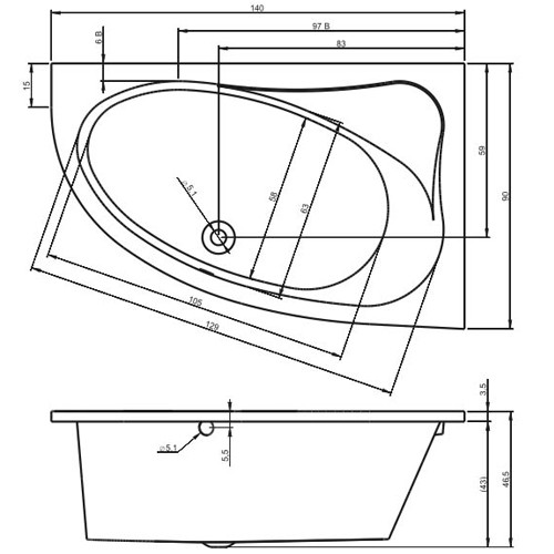 Riho Eck-Badewanne Lyra 140x90 cm L / weiß BA66005