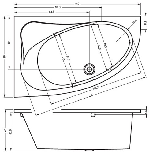 Riho Eck-Badewanne Lyra 140x90 cm R / weiß BA65005