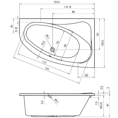 Riho Eck-Badewanne Lyra 153,5x100,5 cm L / weiß BA68005