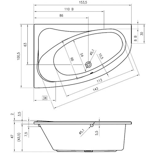 Riho Eck-Badewanne Lyra 153,5x100,5 cm R / weiß BA67005