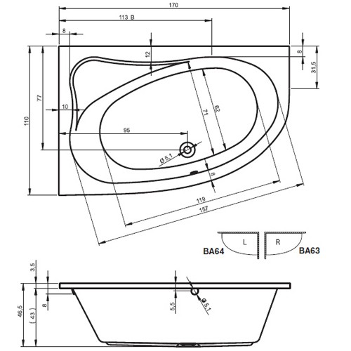 Riho Eck-Badewanne Lyra 170x110 cm R / weiß BA63005