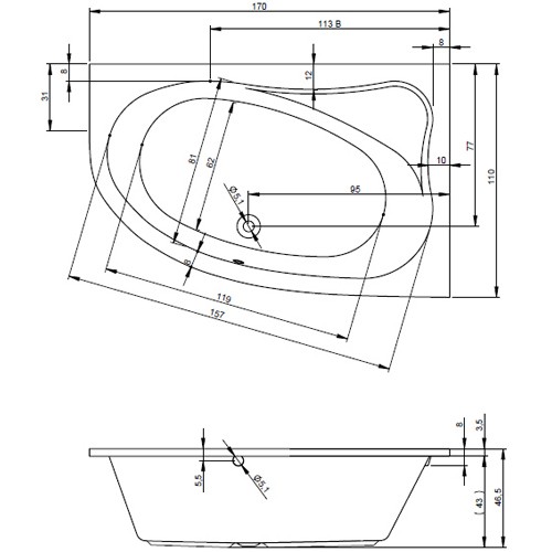 Riho Eck-Badewanne Lyra 170x110 L/weiß glänzend BA64005