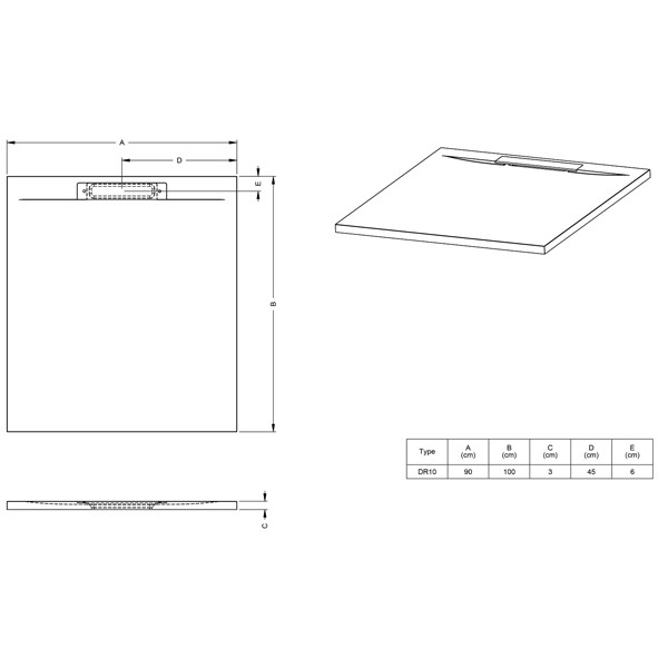 ISOLA 100x90x3/Schiefer wei´┐Ż matt Duschwanne in Schieferoptik