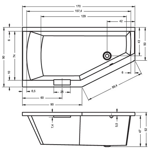 Riho Raumspar-Badewanne Geta 170x90 cm R / weiß + Handgriffe BA88F05