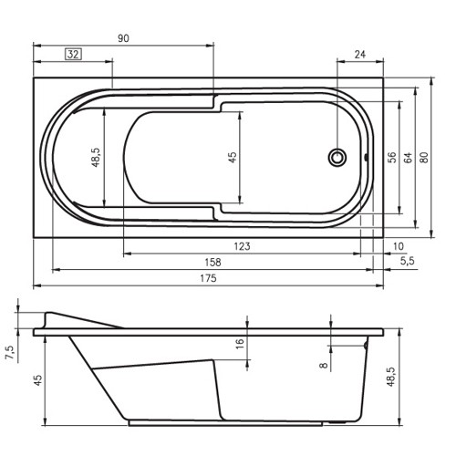 Riho Rechteck-Badewanne Columbia 175x80 cm / weiß BA04005