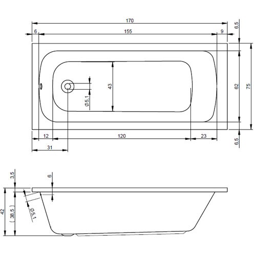 Riho Rechteck-Badewanne Dola 170x75/weiß glänzend BB31005