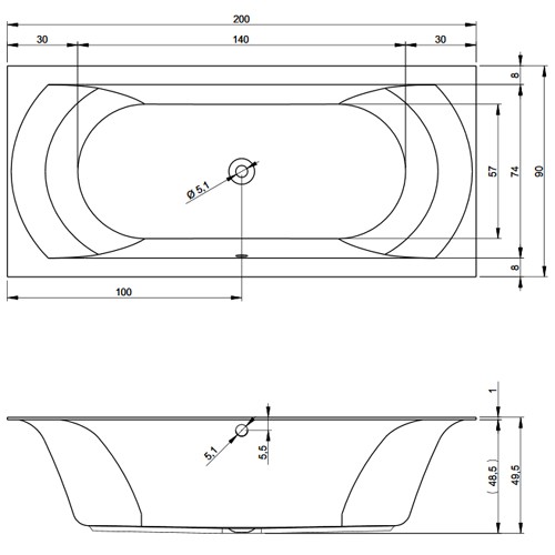 Riho Rechteck-Badewanne Linares flachen Rand 10mms 200x90 BT49005