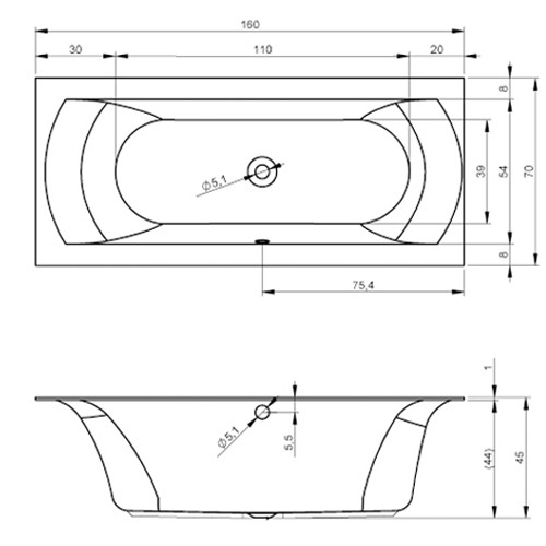 Riho Rechteck-Badewanne Linares Rechts,  160x70 BT42005