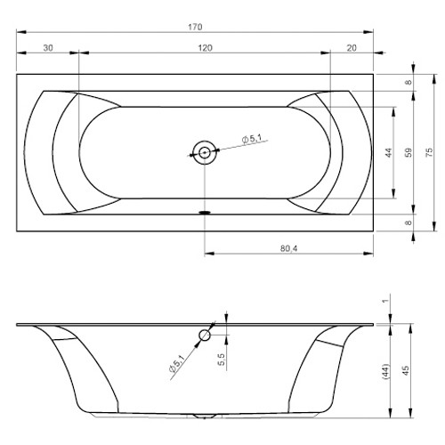Riho Rechteck-Badewanne Linares rechts,  170x75 BT44005