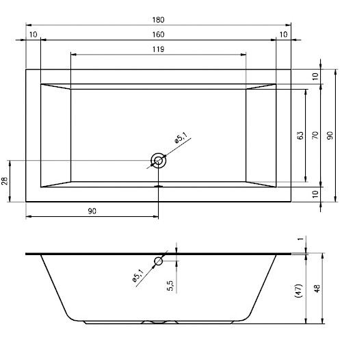 Riho Rechteck-Badewanne Lugo 180x90  flachen Rand 10mm, weiß B134001005 AKTIONSPREIS