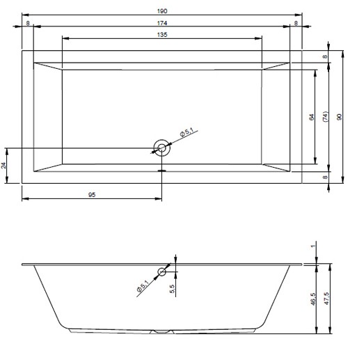 Riho Rechteck-Badewanne Lugo 190x90  flachen Rand 10mm, weiß B136001005 AKTIONSPREIS
