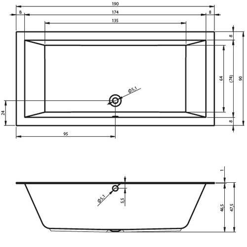 Riho Rechteck-Badewanne Lugo seidenmatt weiß 190x90,  BT05105