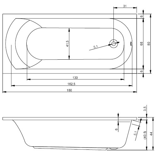 Riho Rechteck-Badewanne Miami 180x80 cm / weiß BB64005
