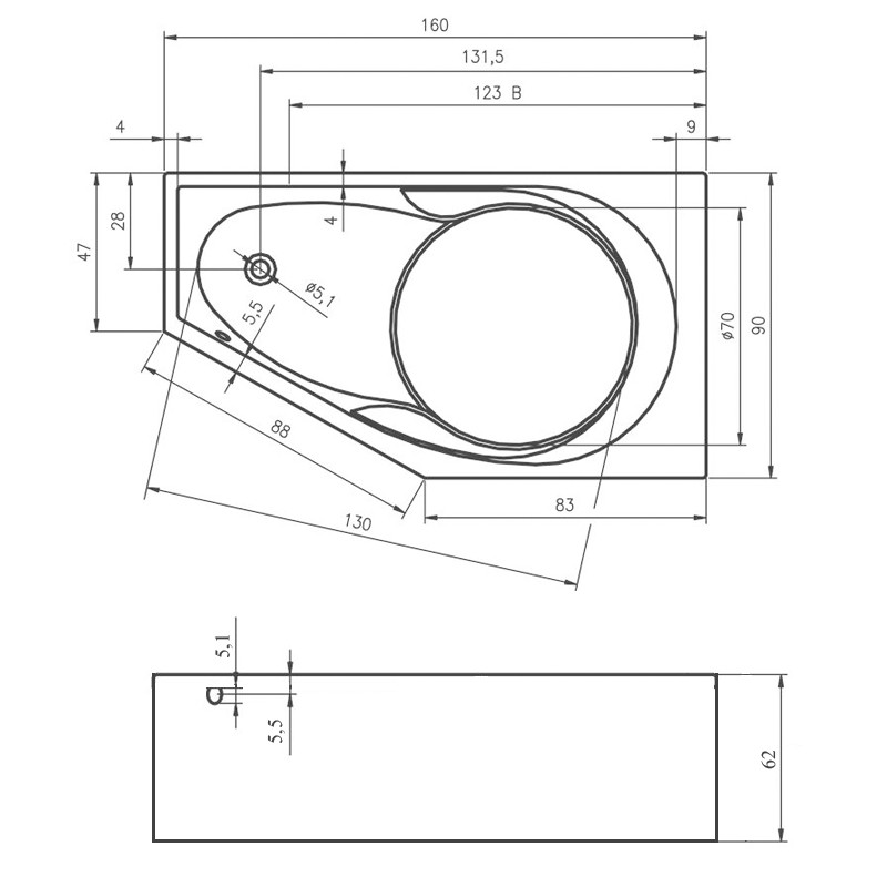 Riho Yukon Plug & Play Badewanne, Eckausführung links, inkl. Füße, 1600x900mm, 175 Ltr.