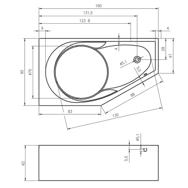 Riho Yukon Plug & Play Badewanne, Eckausführung, rechts, inkl. Füße, 1600x900mm, 175 Ltr.