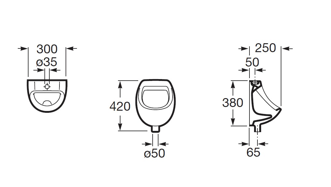 Roca Mini Urinal, Zu- und Ablauf von außen, weiß Breite: 300 mm x Tiefe: 250 mm x Höhe: 420 mm