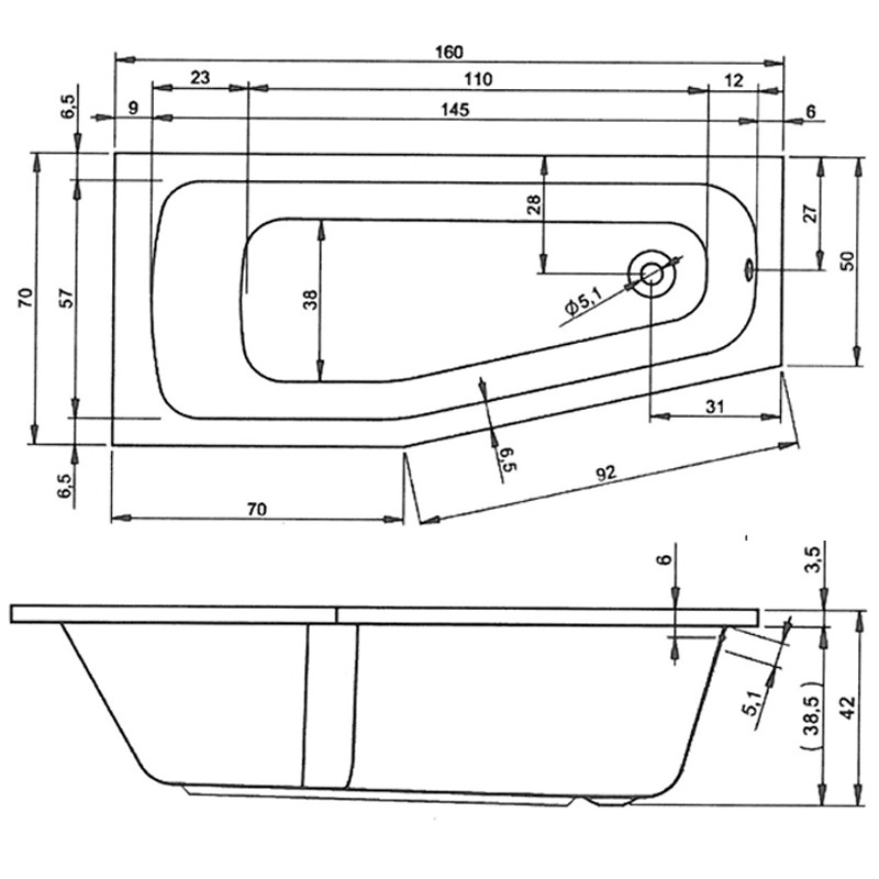 Rocky 1600x700x420 Rechts Asymmetrische Raumsparwanne weiß
