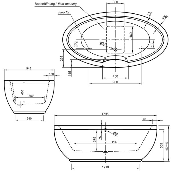 Rocky L100 Oval Acrylwanne freistehend 1795 x 945 x 620 mm, weiß