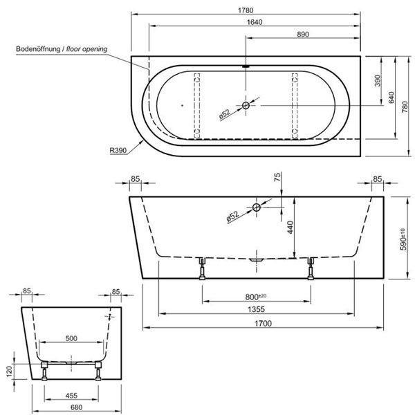 Rocky L100 Wall Corner links Acrylwanne für Wandeinbau 1800 x 800 x 600 mm, weiß