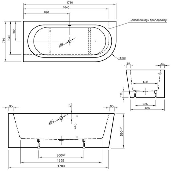 Rocky L100 Wall Corner rechts Acrylwanne für Wandeinbau,  1800 x 800 x 600 mm, weiß