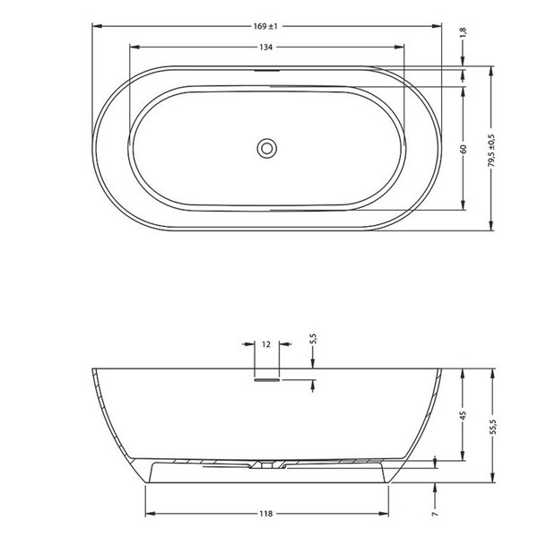 Navarra solid bad incl sifon, 170x80, anthraciet mat