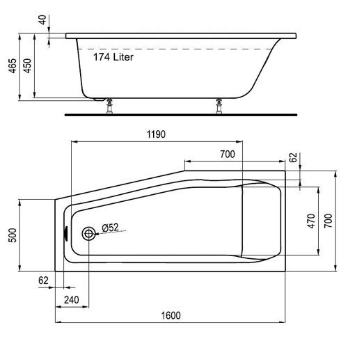 Rocky Plus/S100 160x70 links Acryl-Raumsparbadewanne