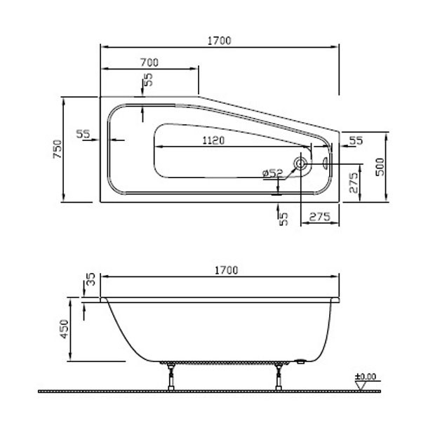 Rocky Plus/S100 170x75 rechts Acryl-Raumsparbadewanne