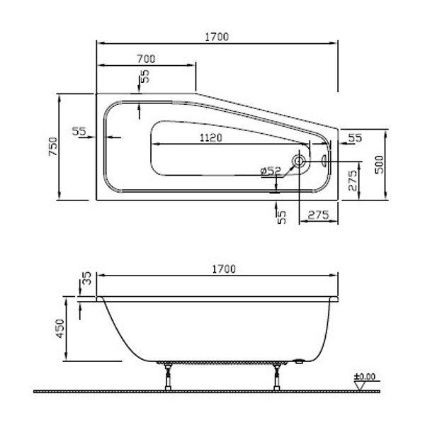 Rocky Plus/S100 170x75 rechts Acryl-Raumsparbadewanne