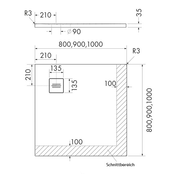 RockyTray rutschfeste Komposit Duschwanne Duschfläche, 1000 x 1000 x 35, Eckablauf, weiß, zuschneidbar