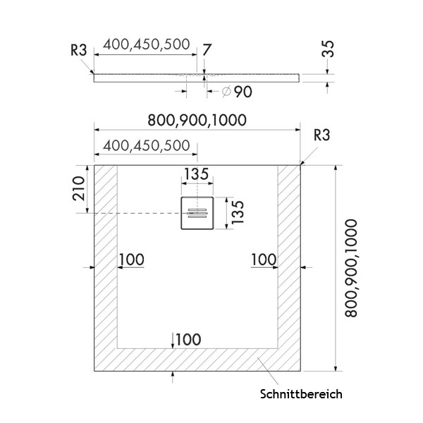 RockyTray rutschfeste Komposit Duschwanne Duschfläche, 1000 x 1000 x 35, Mittelablauf, weiß, zuschneidbar