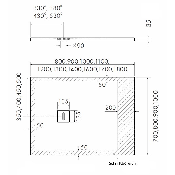 RockyTray rutschfeste Komposit Duschwanne Duschfläche, 900 x 1100 x 35, Mittelablauf, weiß, zuschneidbar