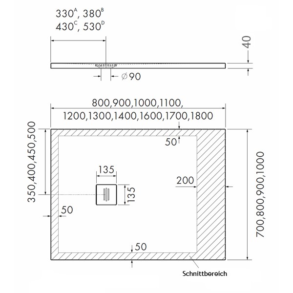 RockyTray rutschfeste Komposit Duschwanne Duschfläche, 900 x 1600 x 40, Mittelablauf, weiß, zuschneidbar