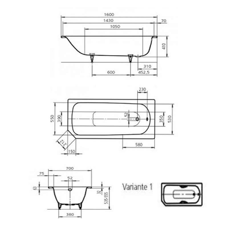 Wannenset Kaldewei Advantage Saniform V1 1600x700