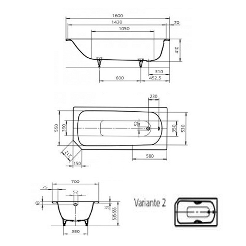 Wannenset Kaldewei Advantage Saniform V2 1600x700