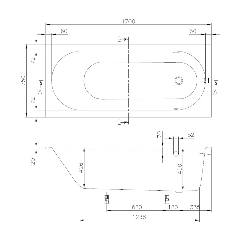 Wannenset Villeroy & Boch Oberon Solo Rechteck 170x75