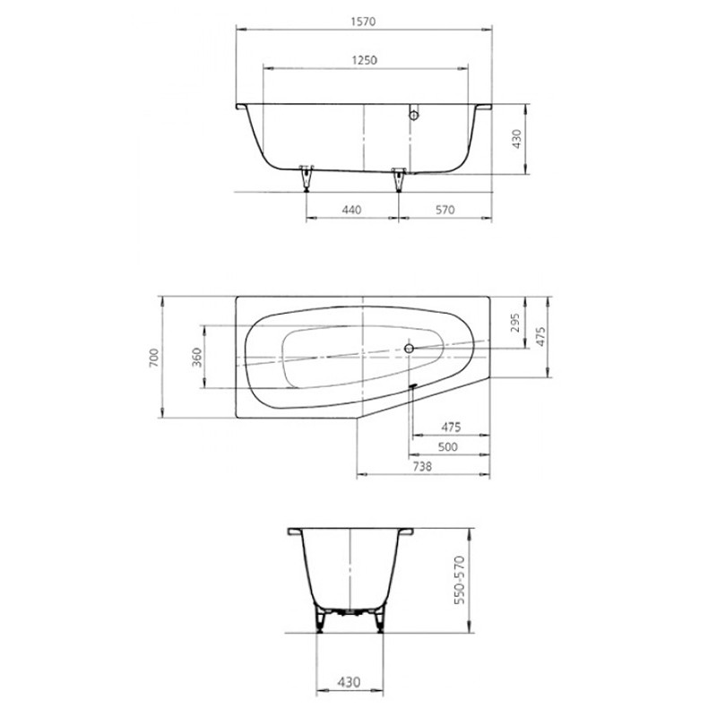 Wannenset Kaldewei Advantage Mini Raumsparwanne rechts 1570x700/475