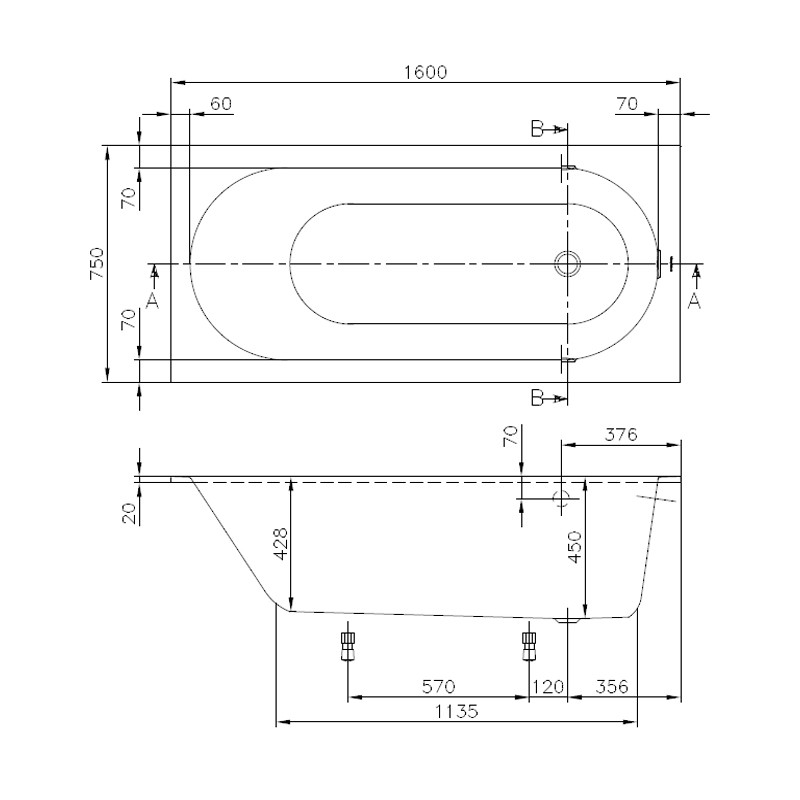 Wannenset Villeroy & Boch Oberon Solo Rechteck 160x75