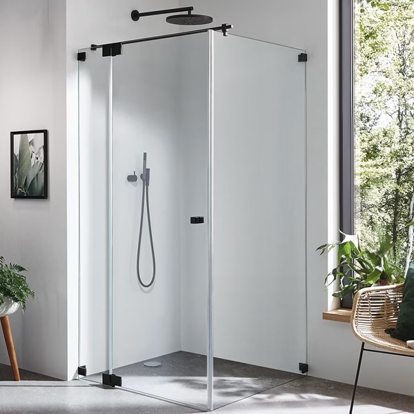 SPRINZ Rocky-Line O Duschabtrennung 900 x 900 x 2000, Pendeltür oder Drehtür mit Festteil, eine Seitenwand, verschiedene Profilfarben, O11.9