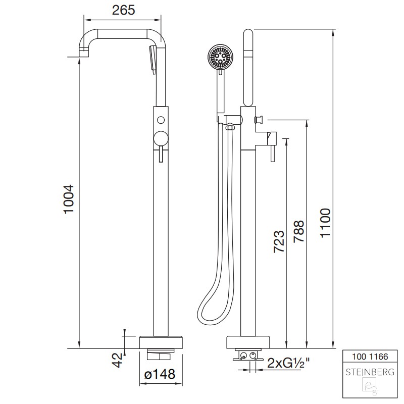 Steinberg Serie 100 Freistehende Wannen-Armatur mit Umsteller und Handbrause, chrom