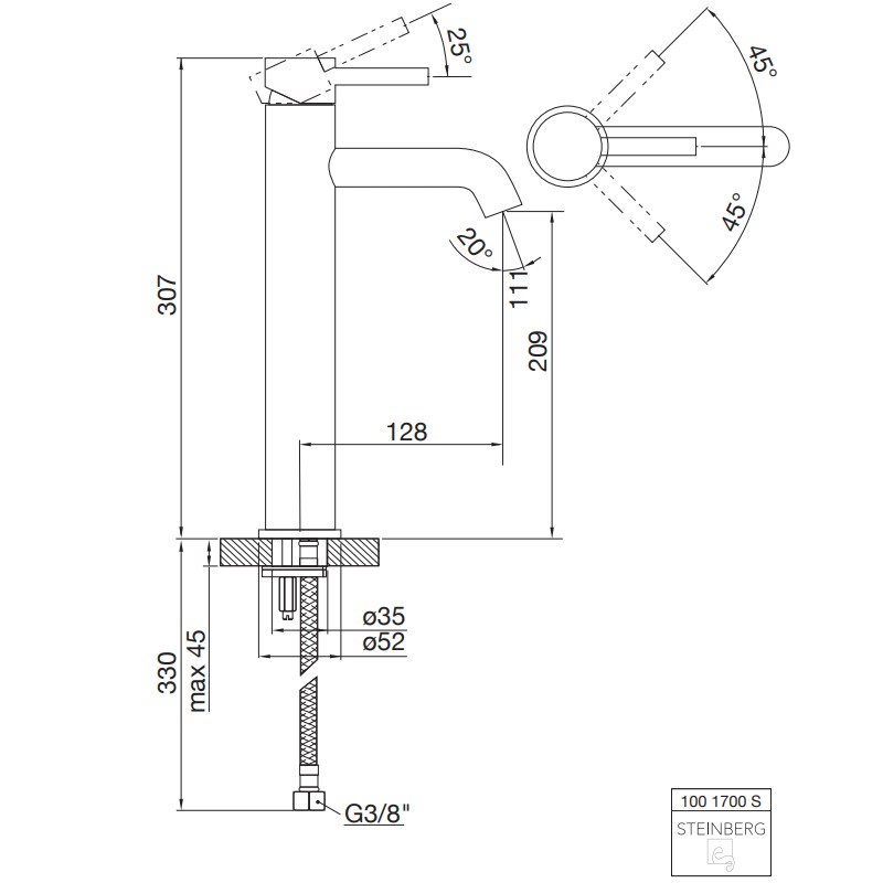 Steinberg Serie 100 S Einhebelmischbatterie, ohne Ablaufgarnitur, Ausladung: 128 mm, matt schwarz
